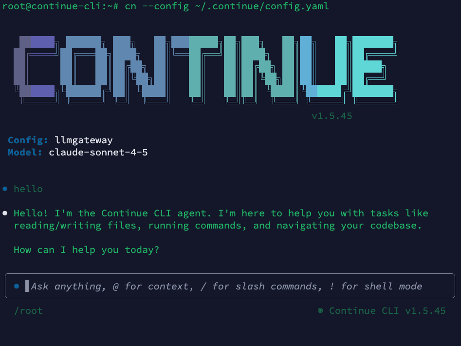 Continue CLI running with LLM Gateway