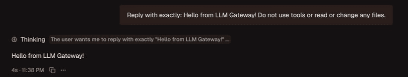 A successful response from OpenCode through LLM Gateway in Conductor