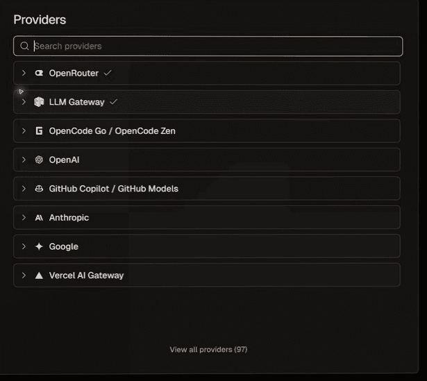 Conductor's provider picker with LLM Gateway and the View all providers button