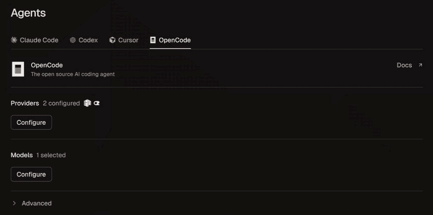 Conductor's OpenCode settings with separate provider and model configuration buttons