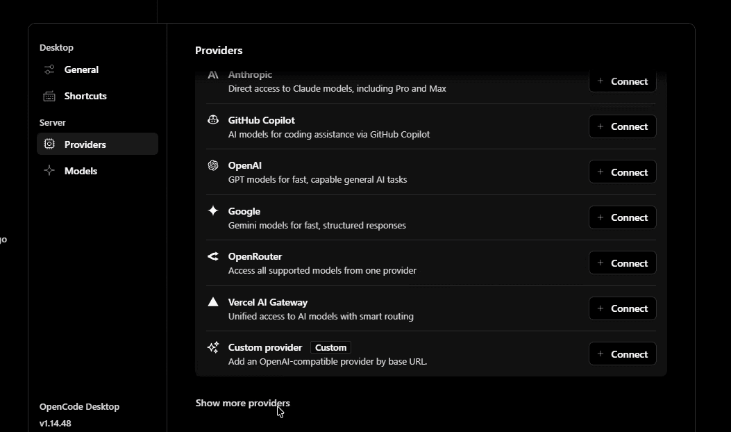 OpenCode Desktop Providers screen