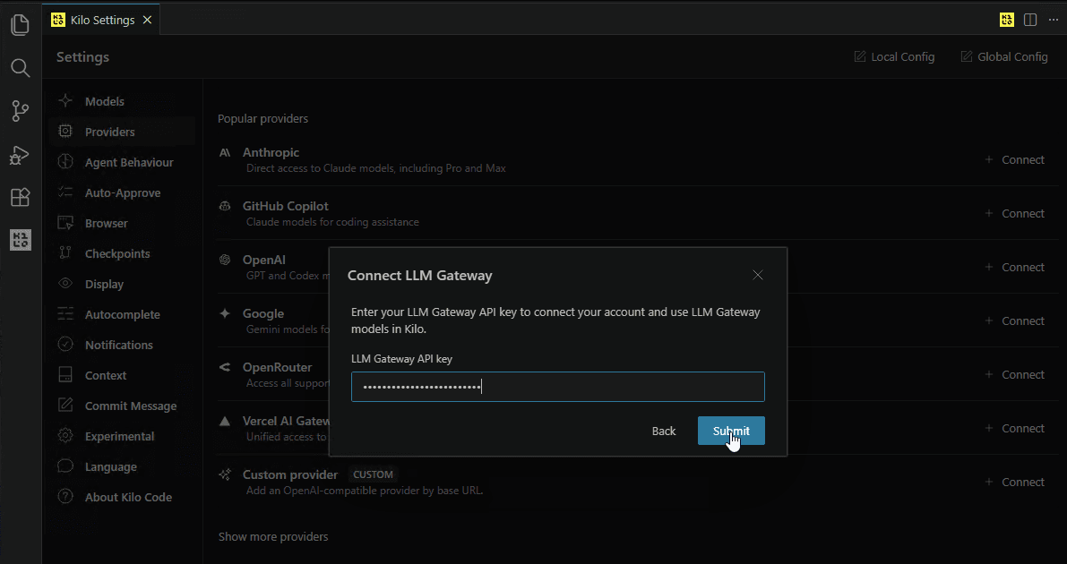 Connect LLM Gateway — enter API key