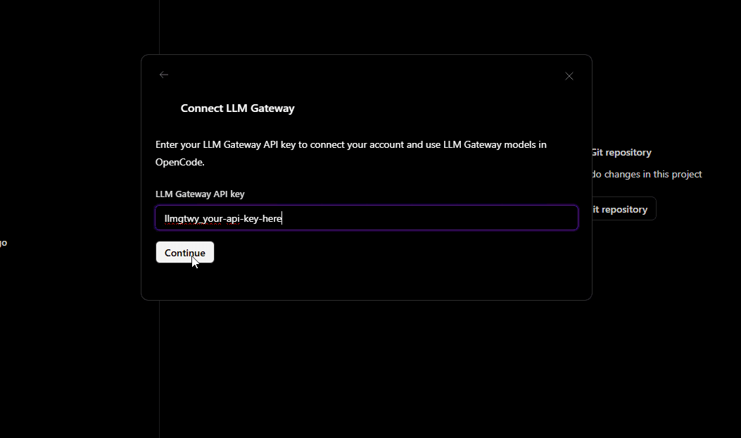 Connect LLM Gateway — enter API key