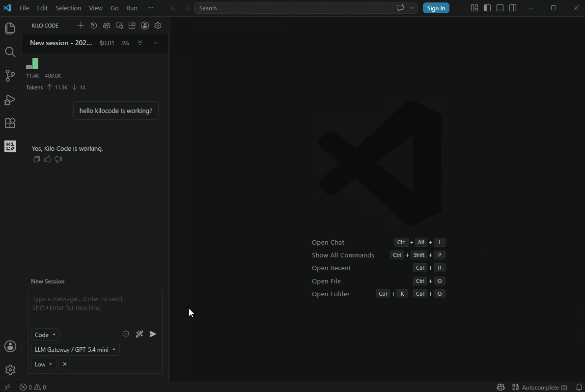 Kilo Code chat active with LLM Gateway