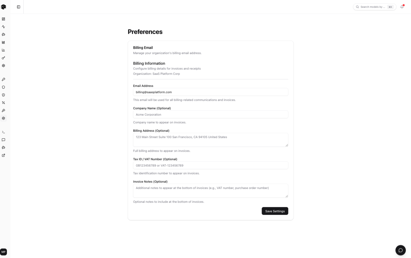 Billing email and billing information settings