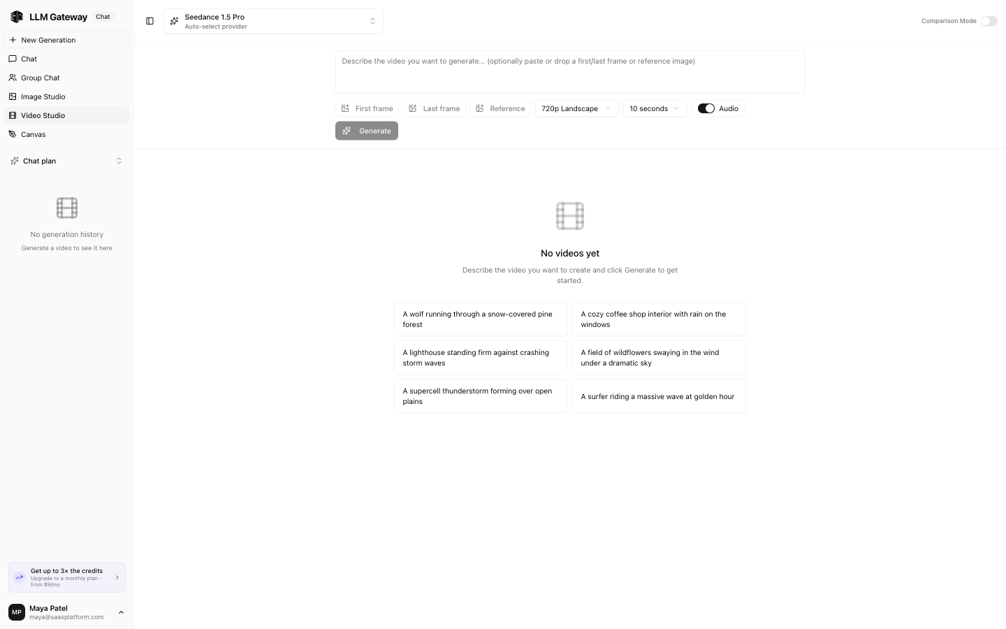 Video Studio with model selection and prompt input